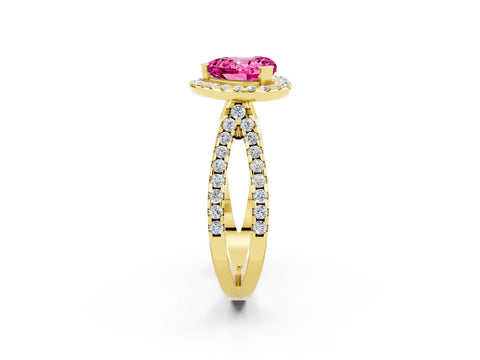 Yellow gold Heart Cut Pink Sapphire Halo Ring with Split Shank Pavé Band and Prong Setting_14