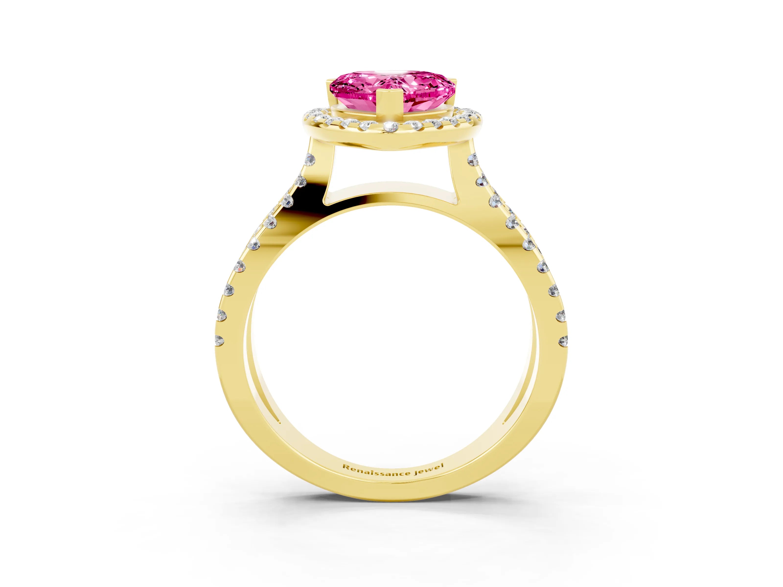 Yellow gold Heart Cut Pink Sapphire Halo Ring with Split Shank Pavé Band and Prong Setting_15