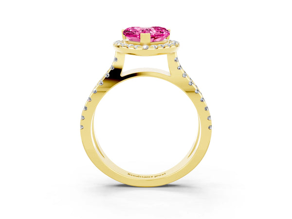 Yellow gold Heart Cut Pink Sapphire Halo Ring with Split Shank Pavé Band and Prong Setting