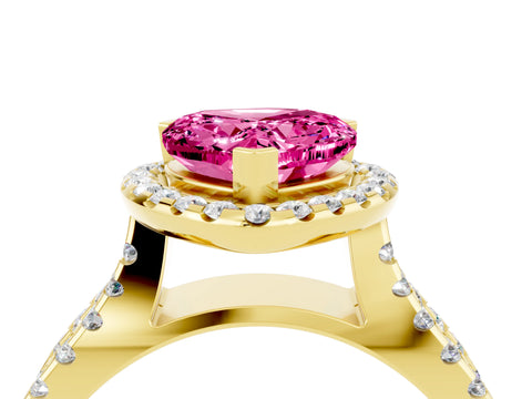 Yellow gold Heart Cut Pink Sapphire Halo Ring with Split Shank Pavé Band and Prong Setting_16