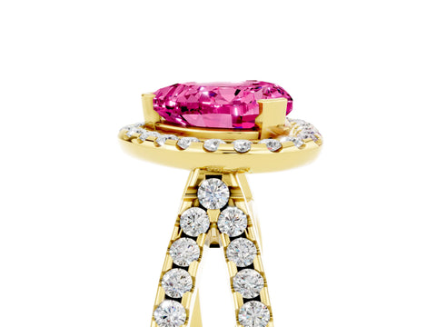 Yellow gold Heart Cut Pink Sapphire Halo Ring with Split Shank Pavé Band and Prong Setting_17