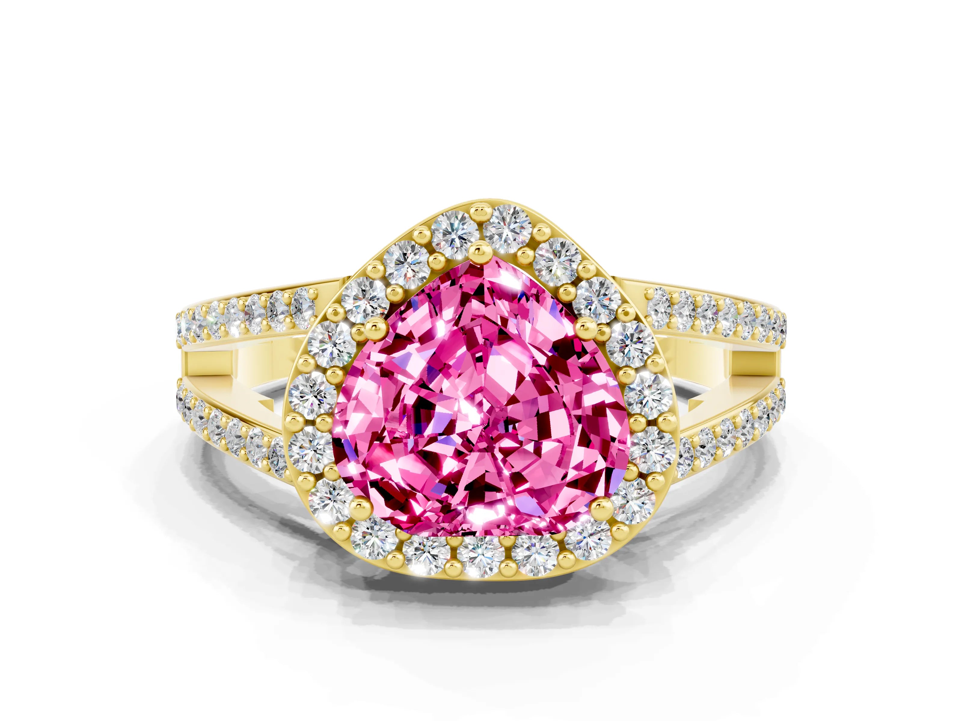Yellow gold Heart Cut Pink Sapphire Halo Ring with Split Shank U-Prong Band and Four-Prong Setting