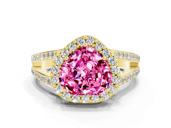 Yellow gold Heart Cut Pink Sapphire Halo Ring with Split Shank U-Prong Band and Four-Prong Setting