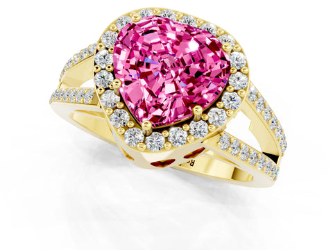 Yellow gold Heart Cut Pink Sapphire Halo Ring with Split Shank U-Prong Band and Four-Prong Setting_1
