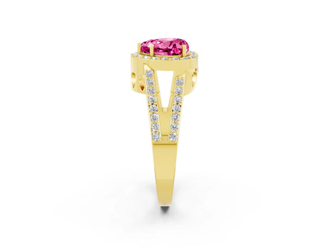 Yellow gold Heart Cut Pink Sapphire Halo Ring with Split Shank U-Prong Band and Four-Prong Setting_2
