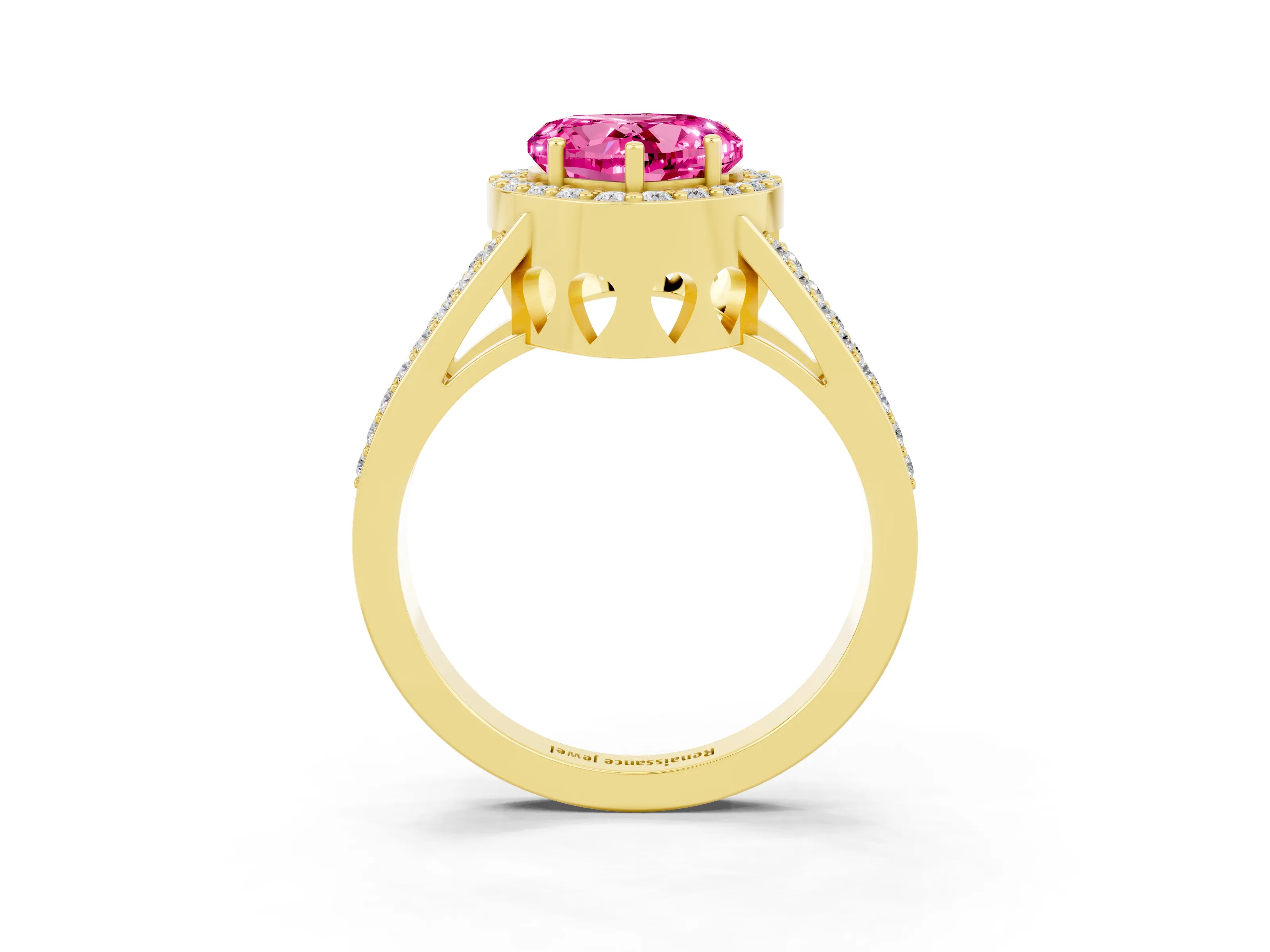 Yellow gold Heart Cut Pink Sapphire Halo Ring with Split Shank U-Prong Band and Four-Prong Setting_3