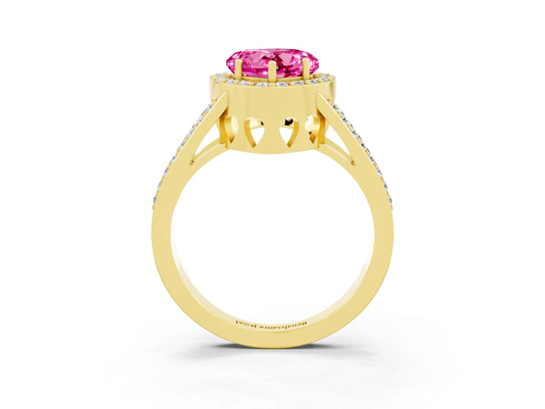 Yellow gold Heart Cut Pink Sapphire Halo Ring with Split Shank U-Prong Band and Four-Prong Setting
