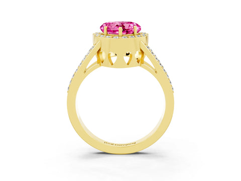 Yellow gold Heart Cut Pink Sapphire Halo Ring with Split Shank U-Prong Band and Four-Prong Setting_3