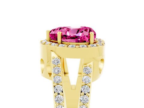 Yellow gold Heart Cut Pink Sapphire Halo Ring with Split Shank U-Prong Band and Four-Prong Setting_5