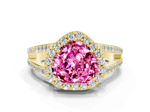 Yellow gold Heart Cut Pink Sapphire Halo Ring with Split Shank U-Prong Band and Four-Prong Setting