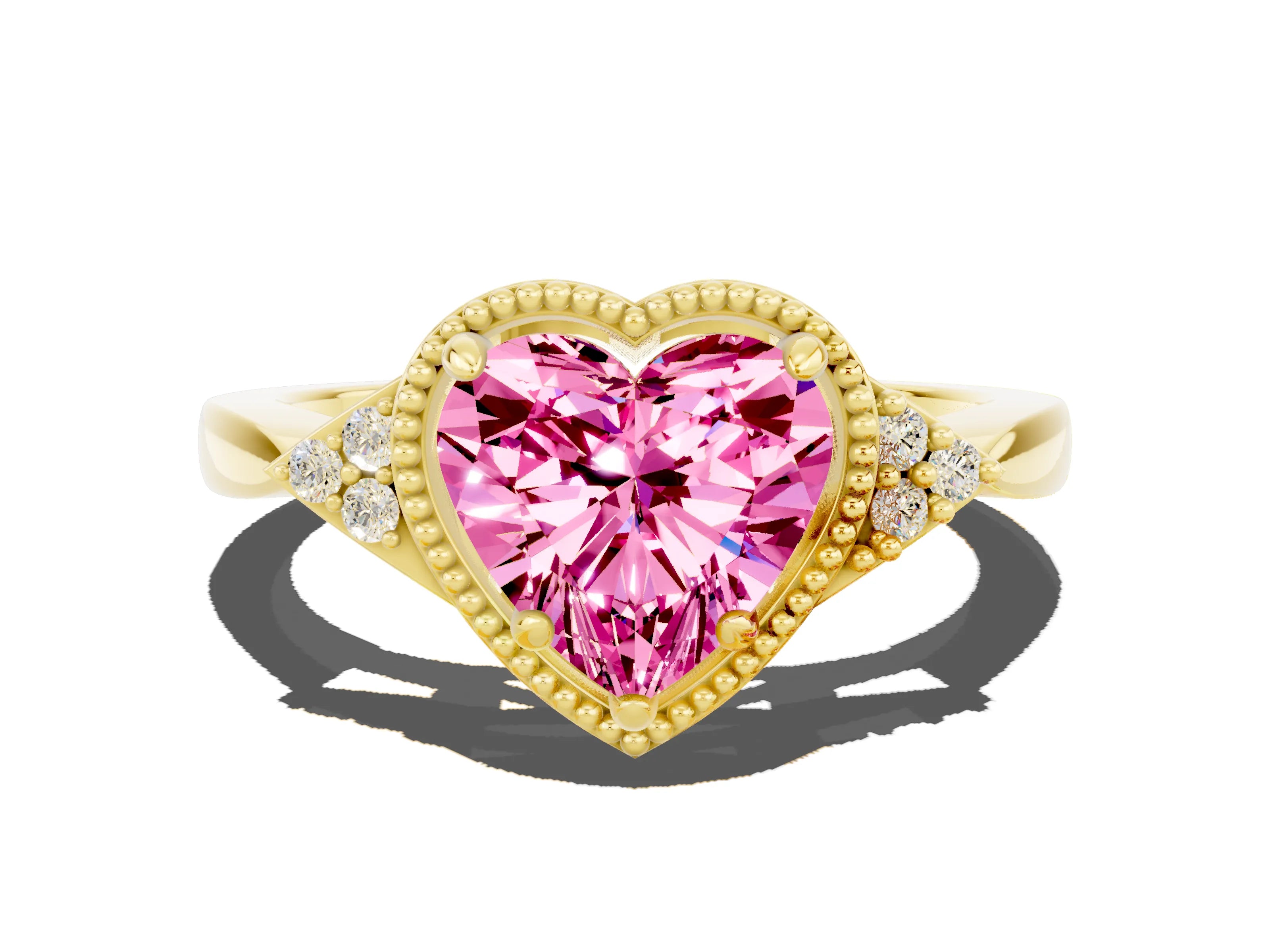 Yellow gold Heart Cut Pink Sapphire Halo Ring with Tapered Band and Four-Prong Setting