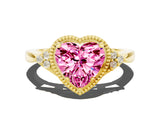 Yellow gold Heart Cut Pink Sapphire Halo Ring with Tapered Band and Four-Prong Setting