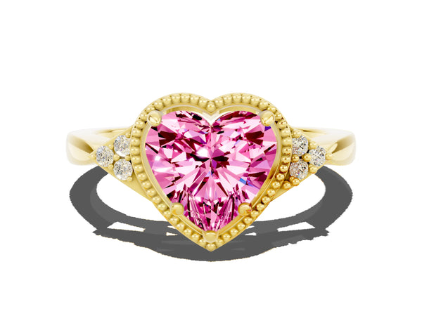 Yellow gold Heart Cut Pink Sapphire Halo Ring with Tapered Band and Four-Prong Setting