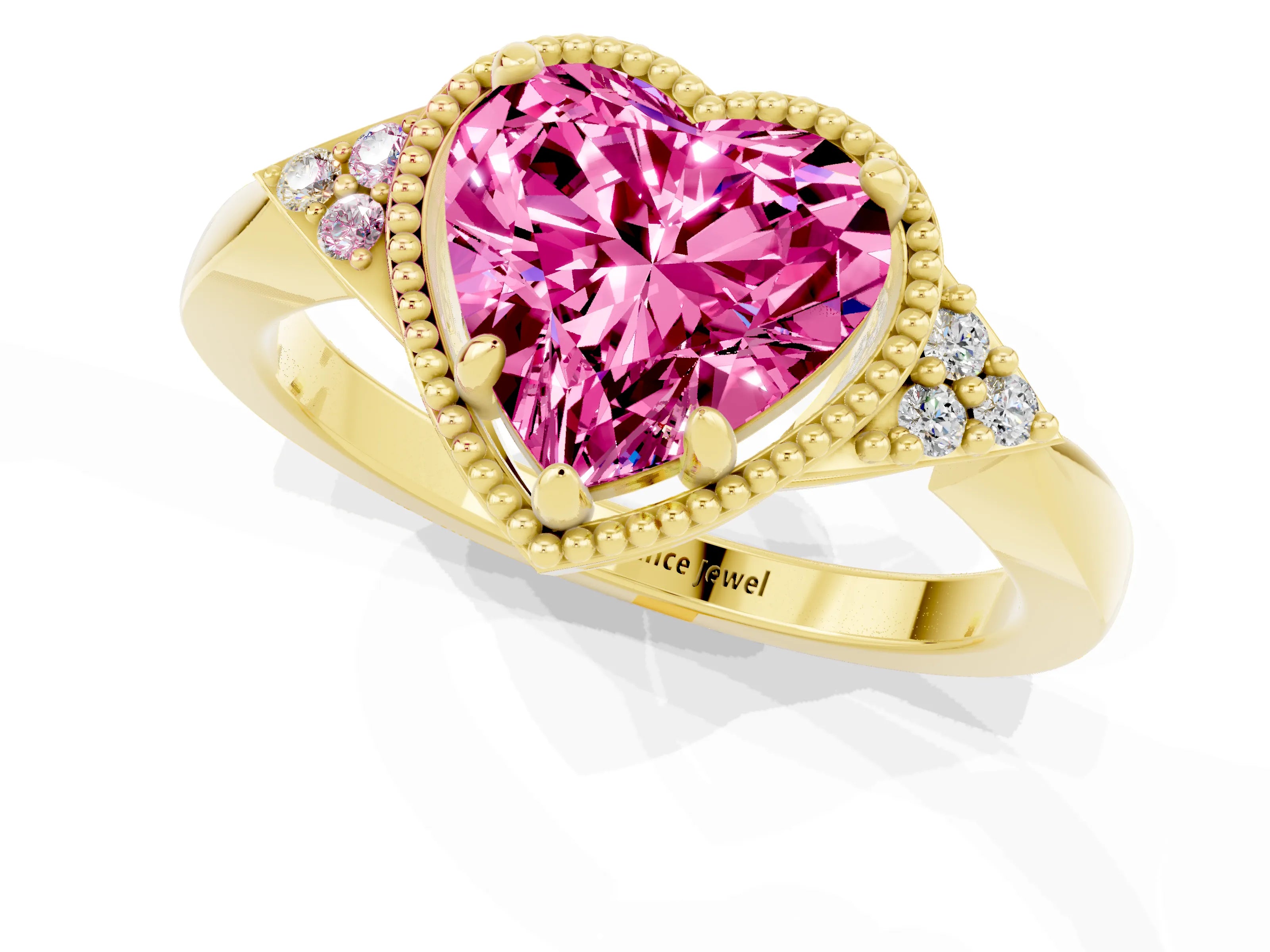 Yellow gold Heart Cut Pink Sapphire Halo Ring with Tapered Band and Four-Prong Setting_1
