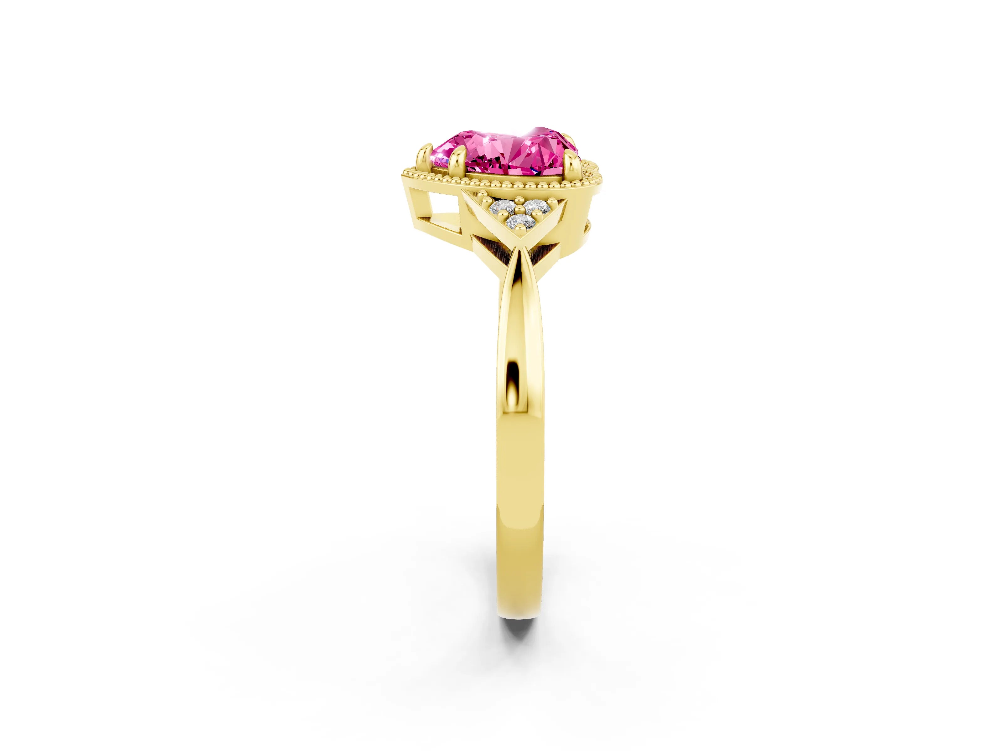Yellow gold Heart Cut Pink Sapphire Halo Ring with Tapered Band and Four-Prong Setting_2