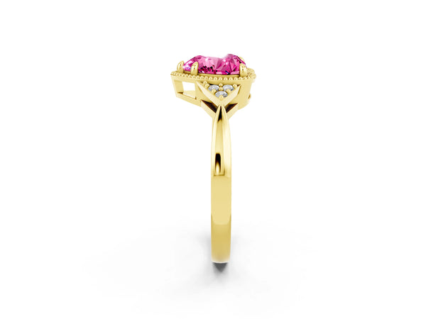 Yellow gold Heart Cut Pink Sapphire Halo Ring with Tapered Band and Four-Prong Setting