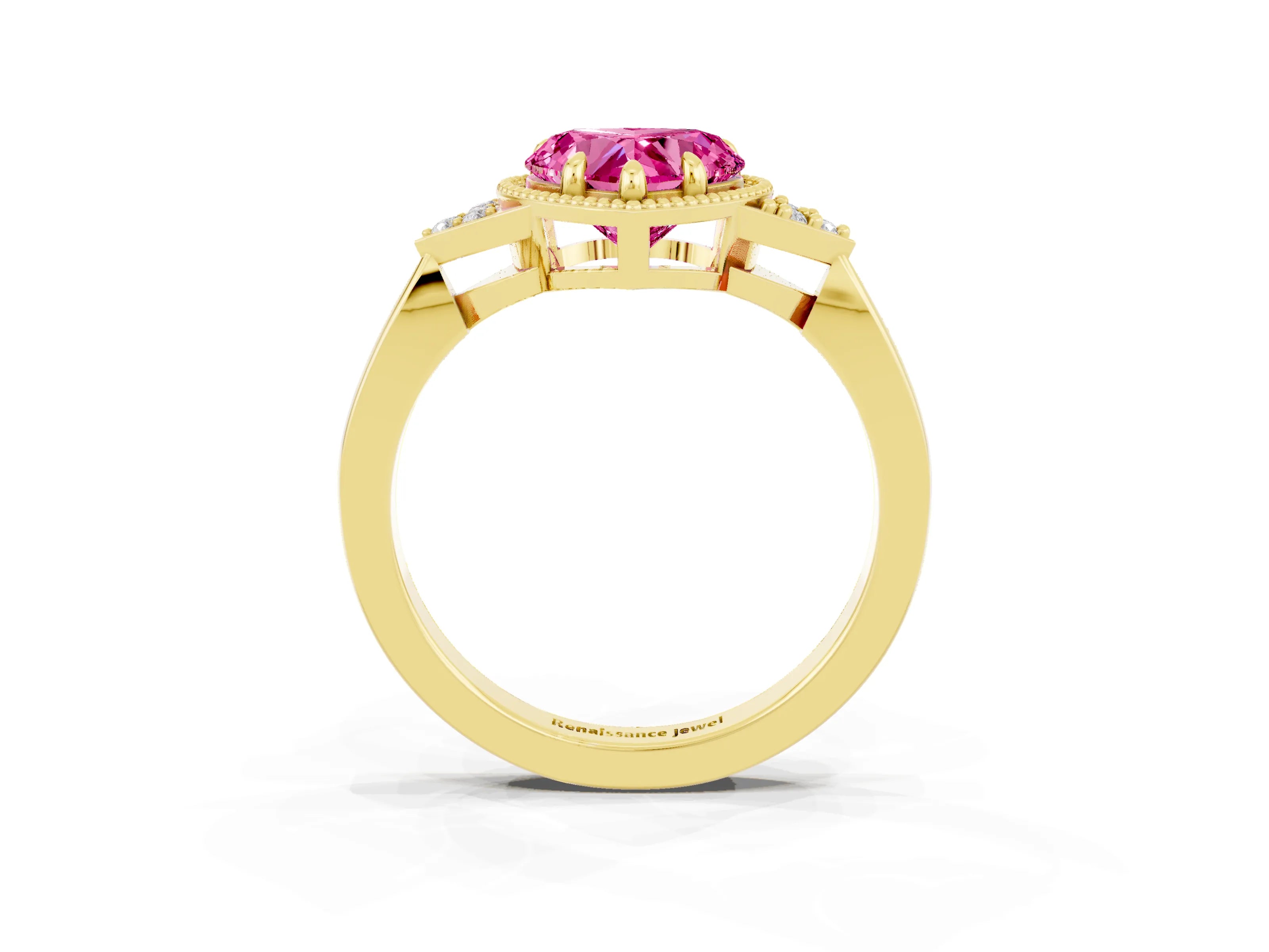 Yellow gold Heart Cut Pink Sapphire Halo Ring with Tapered Band and Four-Prong Setting_3