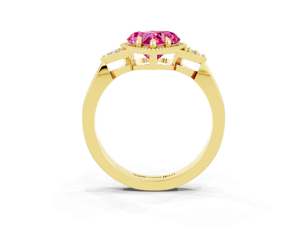 Yellow gold Heart Cut Pink Sapphire Halo Ring with Tapered Band and Four-Prong Setting