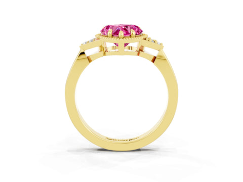 Yellow gold Heart Cut Pink Sapphire Halo Ring with Tapered Band and Four-Prong Setting_3
