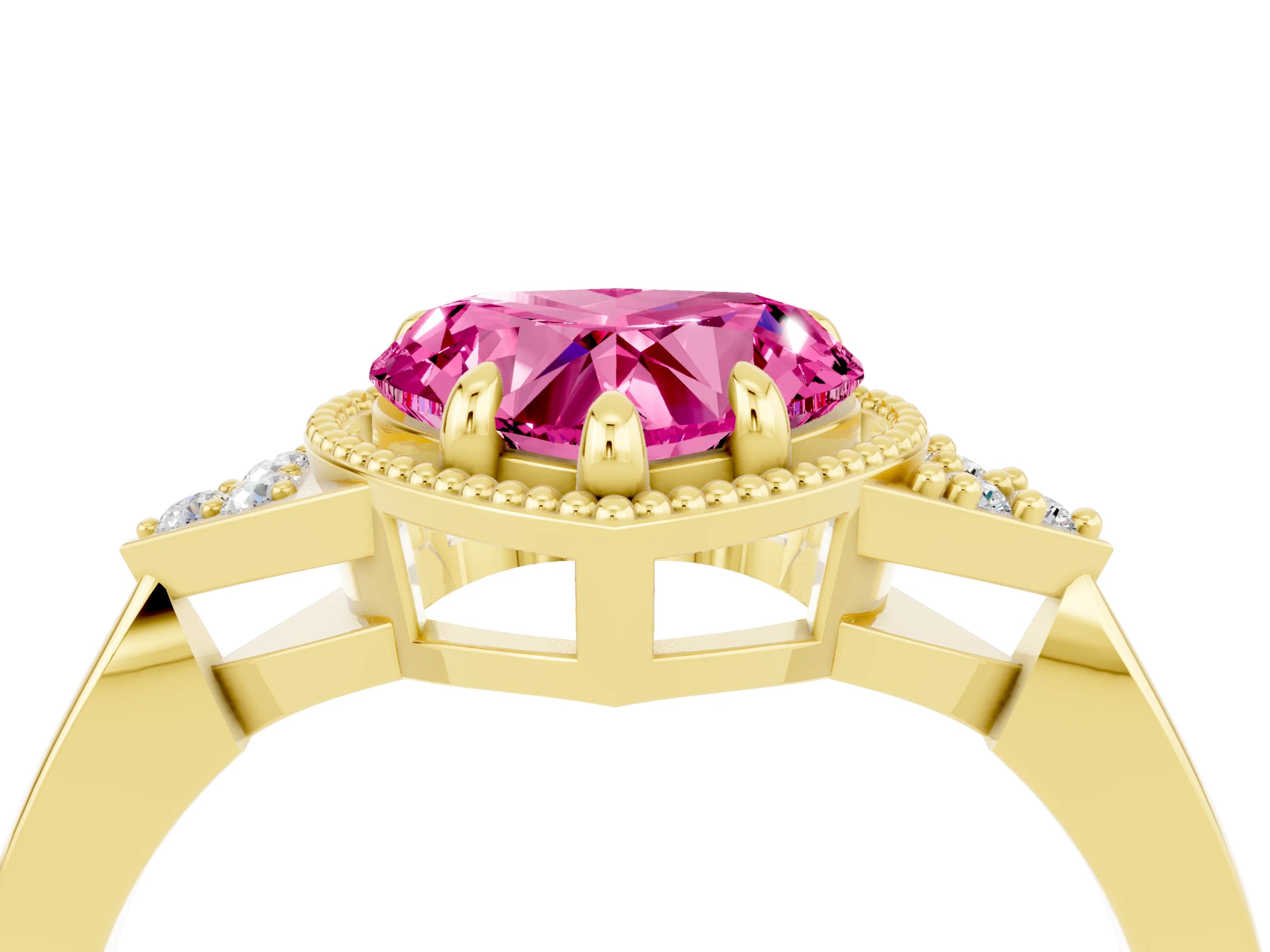 Yellow gold Heart Cut Pink Sapphire Halo Ring with Tapered Band and Four-Prong Setting_4