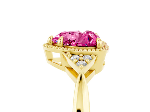 Yellow gold Heart Cut Pink Sapphire Halo Ring with Tapered Band and Four-Prong Setting_5