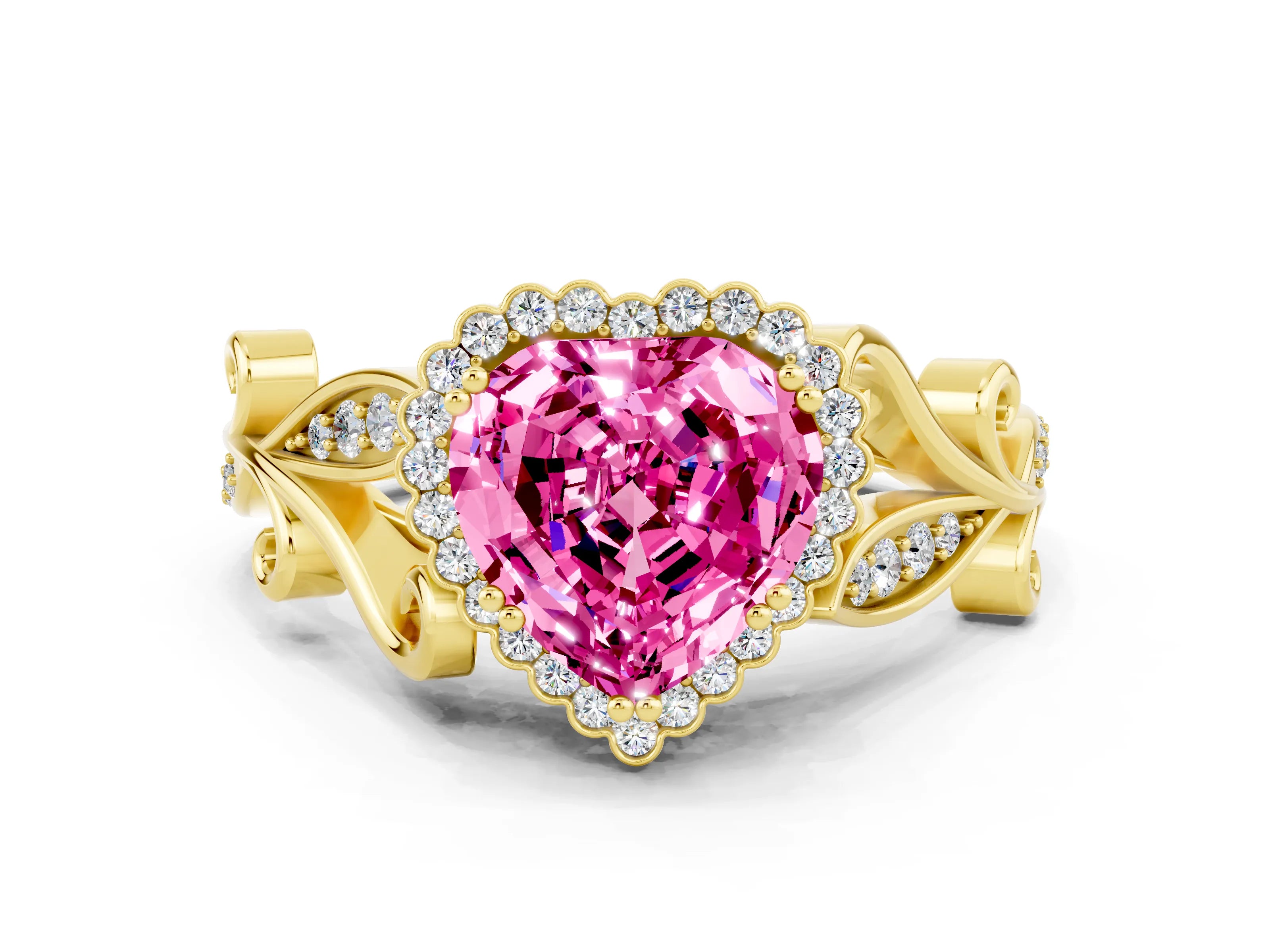 Yellow gold Heart Cut Pink Sapphire Halo Ring with Vintage Split Shank and Four-Prong Setting