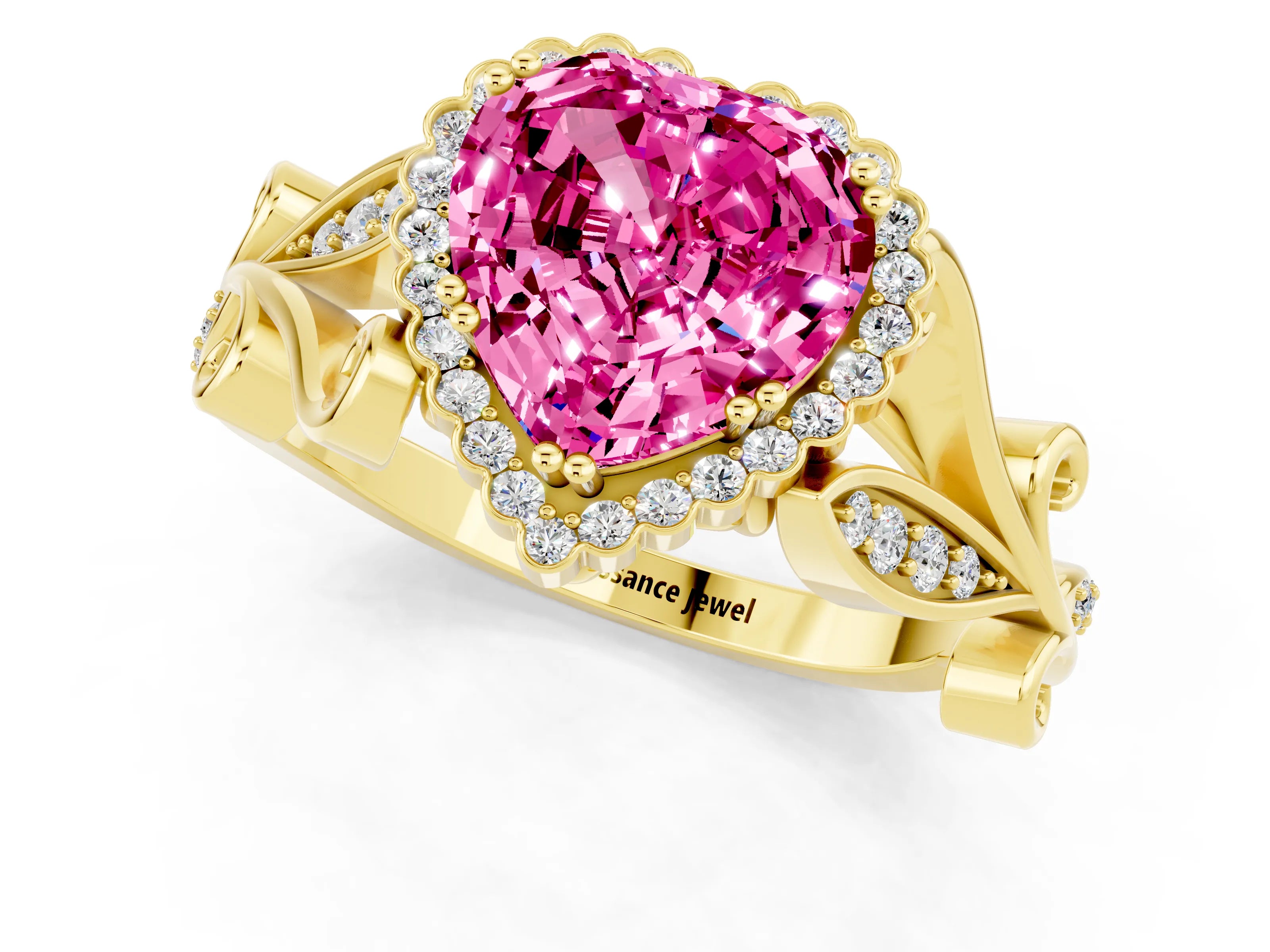 Yellow gold Heart Cut Pink Sapphire Halo Ring with Vintage Split Shank and Four-Prong Setting_1