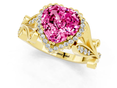 Yellow gold Heart Cut Pink Sapphire Halo Ring with Vintage Split Shank and Four-Prong Setting_1