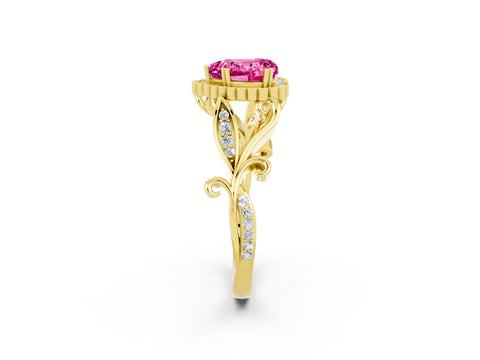 Yellow gold Heart Cut Pink Sapphire Halo Ring with Vintage Split Shank and Four-Prong Setting_2