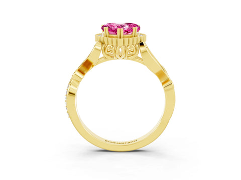 Yellow gold Heart Cut Pink Sapphire Halo Ring with Vintage Split Shank and Four-Prong Setting_3