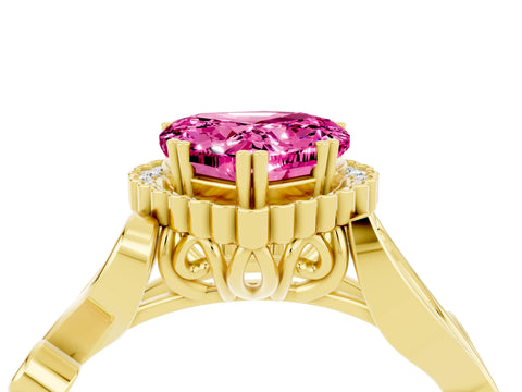 Yellow gold Heart Cut Pink Sapphire Halo Ring with Vintage Split Shank and Four-Prong Setting_4