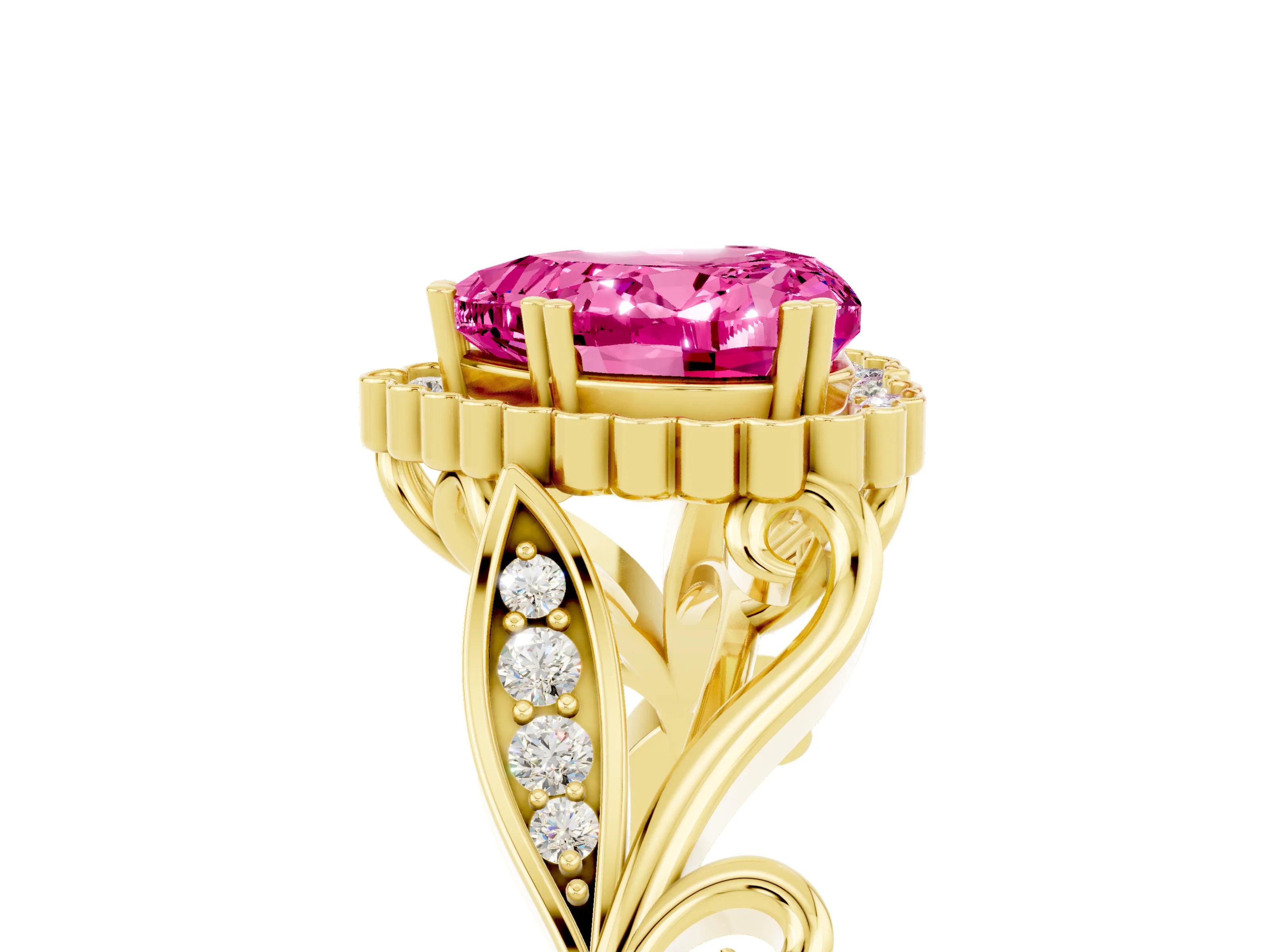 Yellow gold Heart Cut Pink Sapphire Halo Ring with Vintage Split Shank and Four-Prong Setting_5