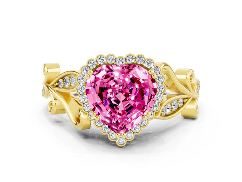 Yellow gold Heart Cut Pink Sapphire Halo Ring with Vintage Split Shank and Four-Prong Setting