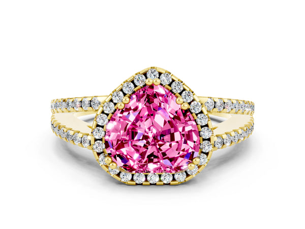 Yellow gold Heart Cut Pink Sapphire Halo Split Shank Engagement Ring