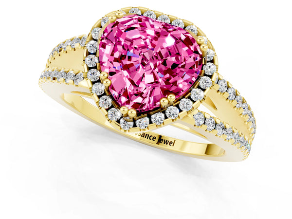 Yellow gold Heart Cut Pink Sapphire Halo Split Shank Engagement Ring