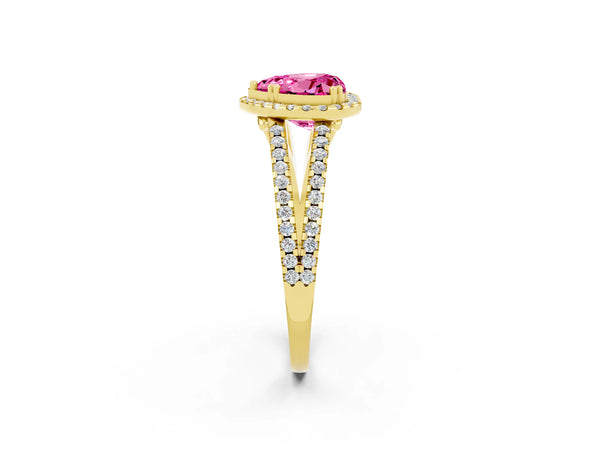 Yellow gold Heart Cut Pink Sapphire Halo Split Shank Engagement Ring