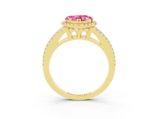 Yellow gold Heart Cut Pink Sapphire Halo Split Shank Engagement Ring