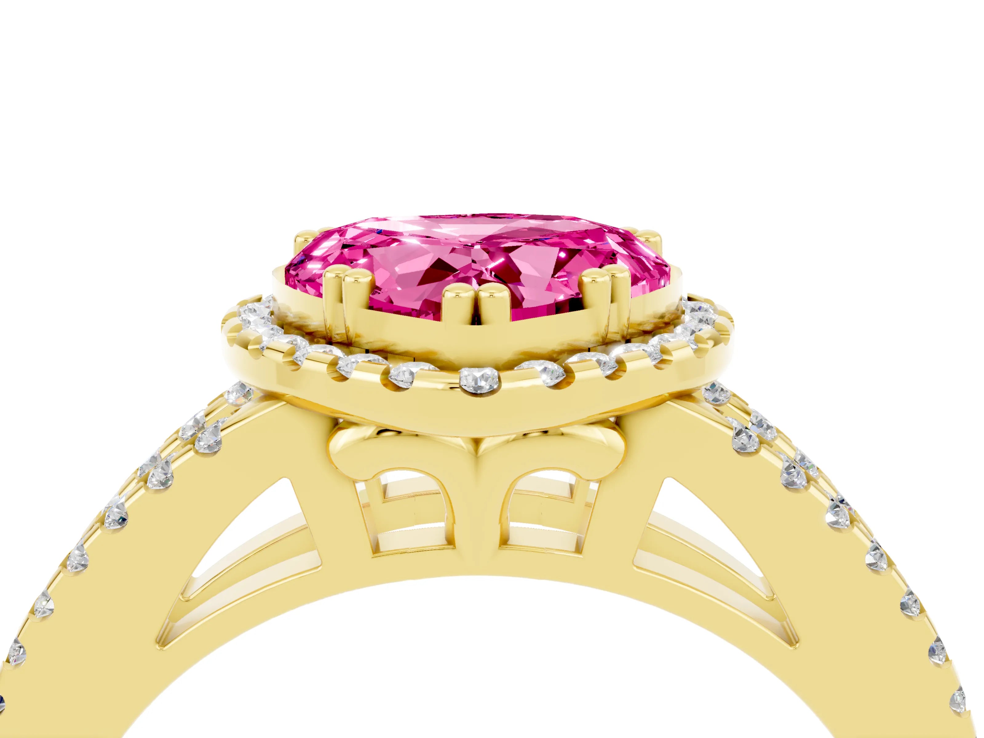Yellow gold Heart Cut Pink Sapphire Halo Split Shank Engagement Ring_16