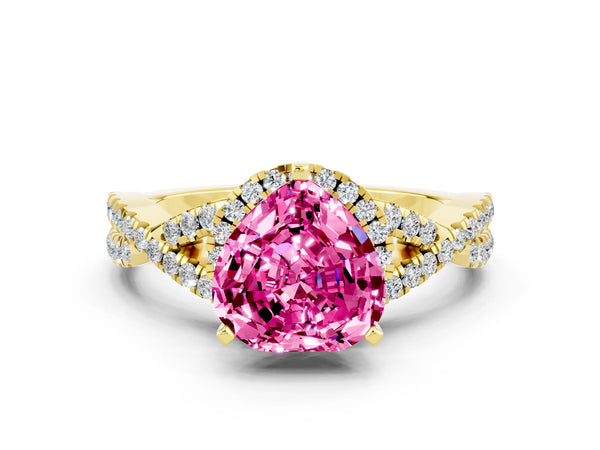 Yellow gold Heart Cut Pink Sapphire  Halo Twist Band Solitaire Prong Setting Ring