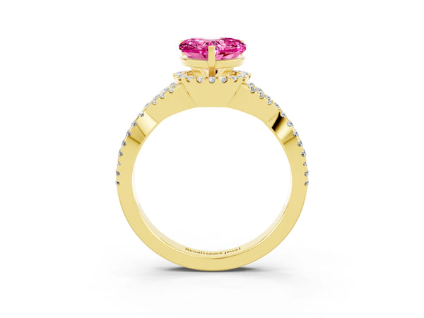 Yellow gold Heart Cut Pink Sapphire  Halo Twist Band Solitaire Prong Setting Ring