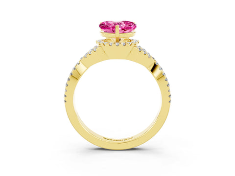 Yellow gold Heart Cut Pink Sapphire Halo Twist Band Solitaire Prong Setting Ring_39