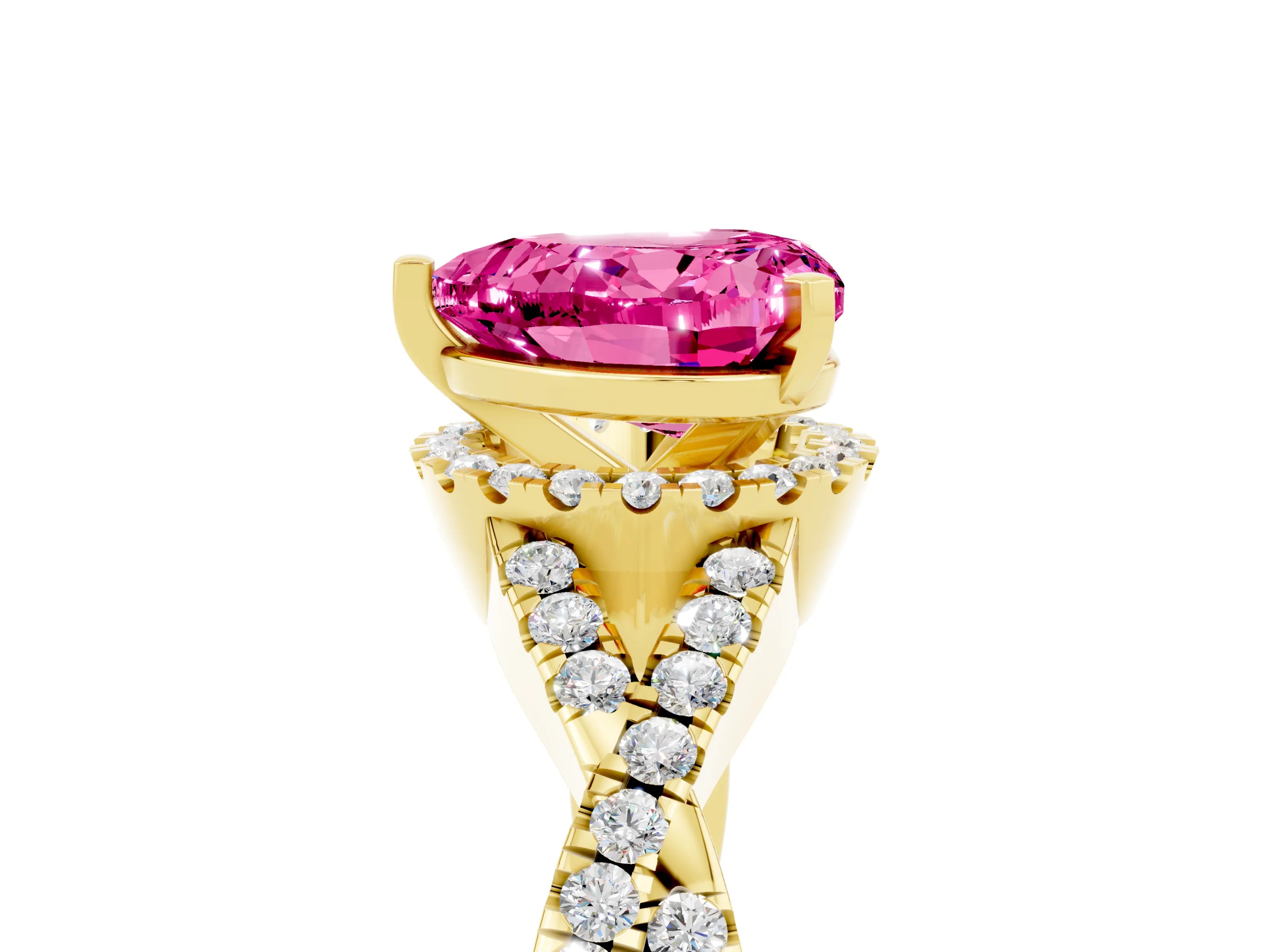 Yellow gold Heart Cut Pink Sapphire Halo Twist Band Solitaire Prong Setting Ring_41
