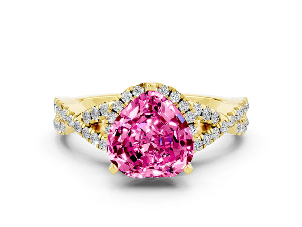 Yellow gold Heart Cut Pink Sapphire  Halo Twist Band Solitaire Prong Setting Ring