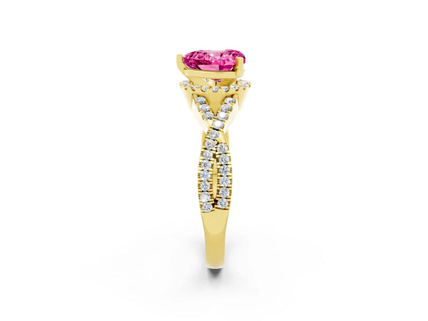 Yellow gold Heart Cut Pink Sapphire  Halo Twist Band Solitaire Prong Setting Ring