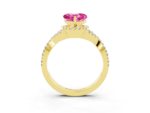 Yellow gold Heart Cut Pink Sapphire  Halo Twist Band Solitaire Prong Setting Ring