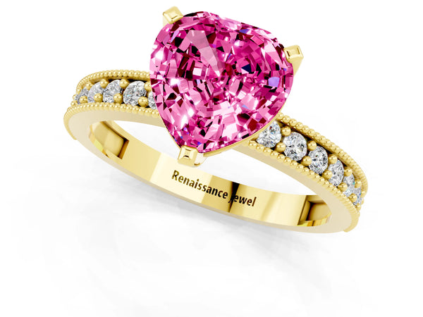 Yellow gold Heart Cut Pink Sapphire Milgrain Pavé Engagement Ring with Four-Prong Setting