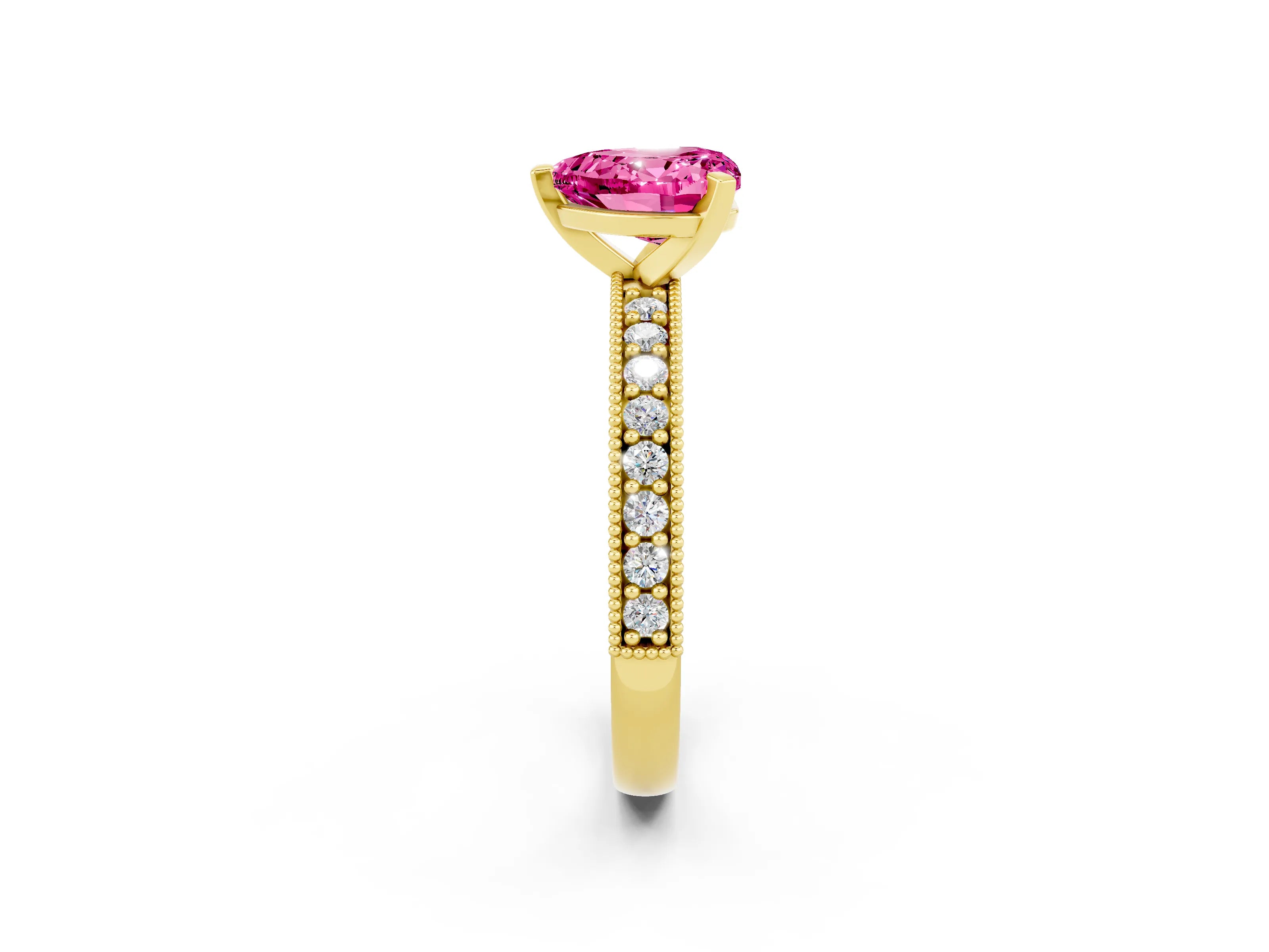Yellow gold Heart Cut Pink Sapphire Milgrain Pavé Engagement Ring with Four-Prong Setting_38