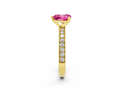 Yellow gold Heart Cut Pink Sapphire Milgrain Pavé Engagement Ring with Four-Prong Setting_38