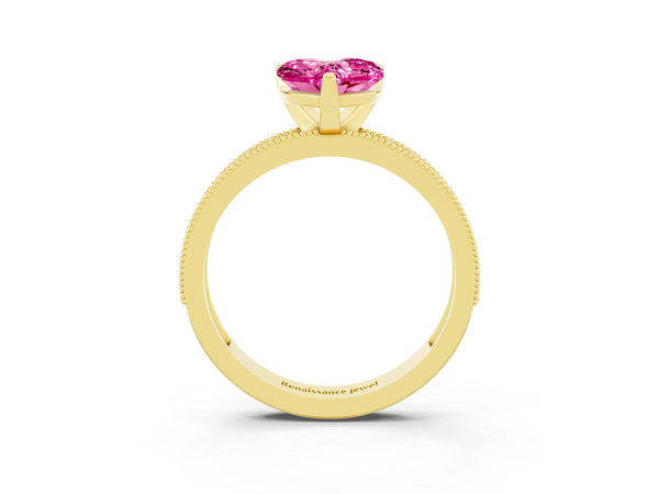 Yellow gold Heart Cut Pink Sapphire Milgrain Pavé Engagement Ring with Four-Prong Setting