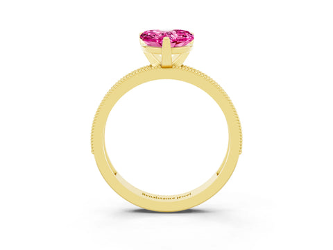 Yellow gold Heart Cut Pink Sapphire Milgrain Pavé Engagement Ring with Four-Prong Setting_39